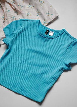 Голубой яркий топ в рубчик h&amp;m xs