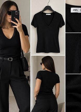 Черная трикотажная футболка zara с v-вырезом, размер m