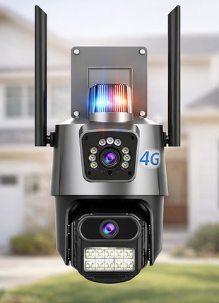 Уличная охранная поворотная 4g камера dual lens zoom 8mp сирена, зум