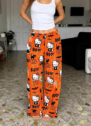 Брюки плюшевые пижамные оранжевого цвета hello kitty helloween, теплые домашние штаны хеллоу котти хелловин
