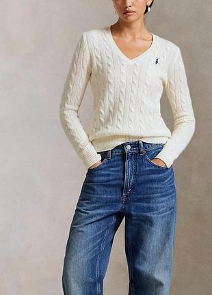 Белый хлопковый пуловер в косы, ralph lauren