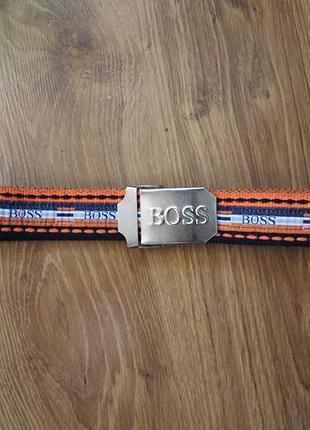 Текстильный унисекс пояс ремень монограммный boss, сине-оранжевый пасок (люверно-коп| я)