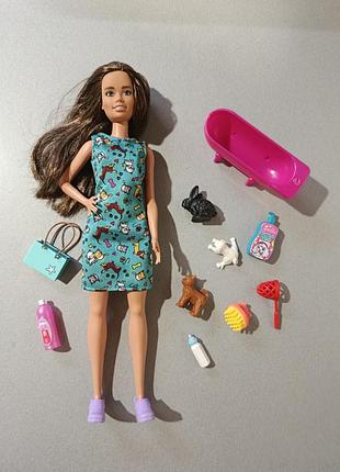 Набір лялька барбі, ветеринар і тварини, кролик, кішка, собака, mattel