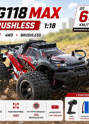 Радіокерована машинка sg118 max brushless 1:18 4wd до 60 км/год позашляховик на пульті, безщітковий rc автомобіль, повний привод