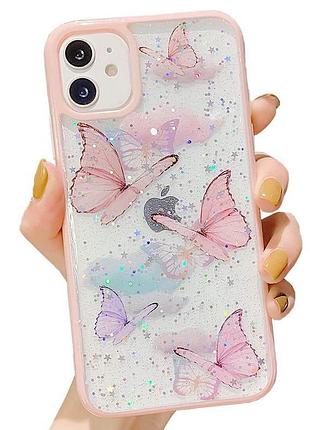 Панель чехол для apple iphone 14 pro max бабочки с блестками pink 5