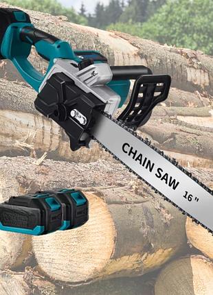 Акумуляторна ланцюгова пилка electric saw 16 дюймів + 2 акумулятори потужна електропилка blue