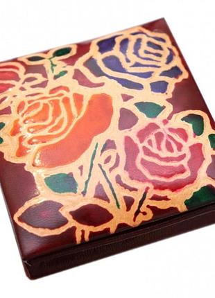 Кошелек кожаный на кнопке розы бордовый