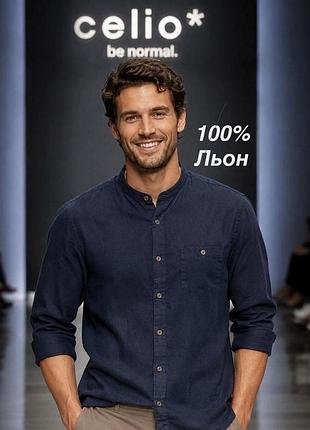 Мужская льняная рубашка celio темно-синего цвета, размер m