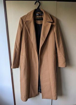 Вовняне шерстяне пальто zara manteco кэмел бежеве довге з поясом xs  s