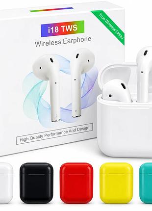 Бездротові навушники i18 tws • bluetooth навушники i18 tws з мікрофоном, сенсорним керуванням і зарядним кейсом