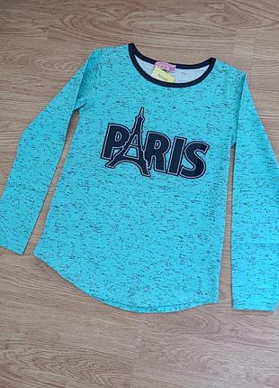 Бирюзовый лонгслив футболка с длинным рукавом «paris» для девочки 10-12 лет