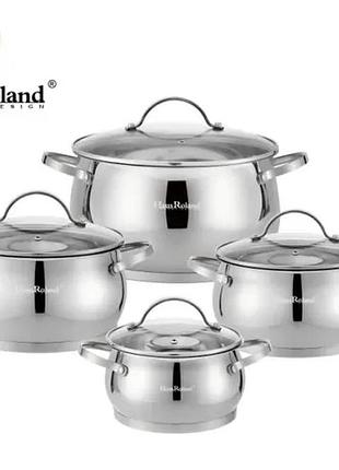 Набор кастрюль haus roland hr114-2, 4 шт из нержавеющей стали 1,9/2,7/3,6/6,1 л. серебристый (hr114-2)