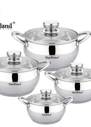 Набор кастрюль haus roland hr113-2, 4 шт из нержавеющей стали 1,9/2,6/3,6/6,1 л. серебристый (hr113-2)