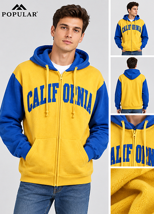 Фирменная теплая кофта с капюшоном на молнии с начёсом.california унисекс.