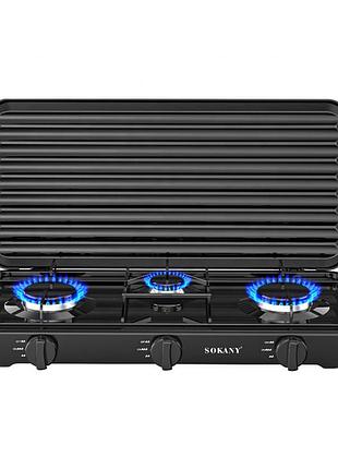 Газовая настольная плита sokany sk 6003 с тремя конфорками из нержавеющей стали для баллонного газа 5500 вт