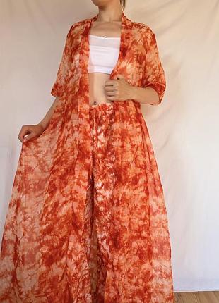 Orange tie dye set — т3  shein комплект wide leg pants + maxi kimono