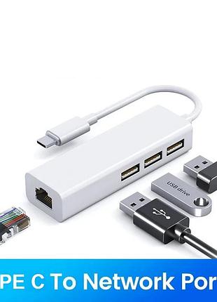 Переходник хаб usb 3.1 type-c - 3 х usb 2.0 + rj45 ethernet lan адаптер 100 mbps