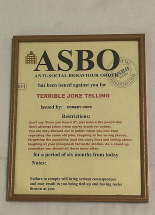 Asbo anti-social bahaviour order - шуточный сертификат пародия об ассоциальном поведении в рамке - 21,5х26,5 см