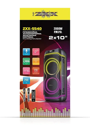 Акустична переносна колонка zxx-5540 100вт 2×10″ usb/tws/tf/rec/led/eq/fm/bt/2mic/дк
