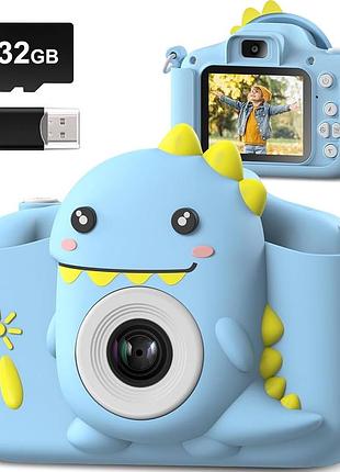 Детский цифровой фотоаппарат gofunly c3, камера для детей в силиконовом чехле динозавр, 20 мп, 1080p, 32 гб, голубой
