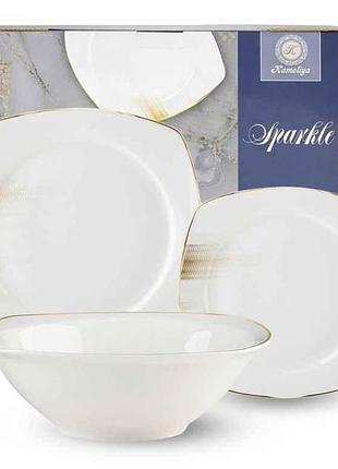 Набір обідній 18пр. 350мл 25см, 19см квадрат золотий кант sparkle 401-0033 фарфор тм snt 7копійок