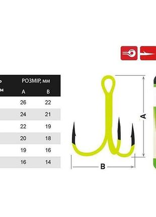 Гачок потрійний 6 (5шт/уп) t-4 uv chartreuse bc 33-07-006 тм fishing roi