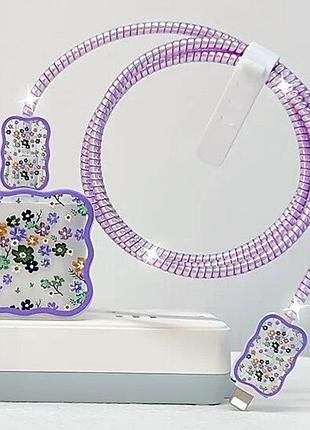 Чехол для блока зу iphone ipad 18/20w + защита кабеля цветочки flower purple (5 в 1)