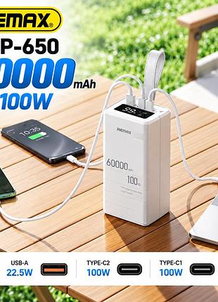 Потужний повербанк powerbank remax 60 000 mah rpp-650, pd 100 вт, заряджання ноутбуків, 2×usb-c + usb-a