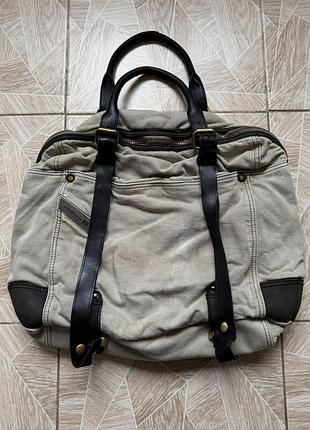 Сумка vintage diesel canvas leather trim duffle weekender travel bag beige unisex y2k