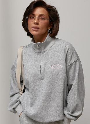 Теплый свитшот oversize с воротником на молнии цвет серый размер one size fl_003554