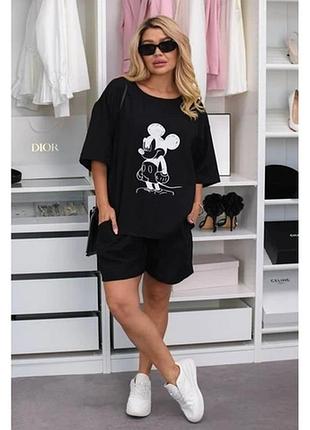 Костюм жіночій. футболка з принтом miki mouse та шорти. тканина льон, чорний