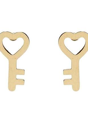 Сережки stainless steel 14k пусети сердечки-ключики (162786) тм xuping 7 копійок