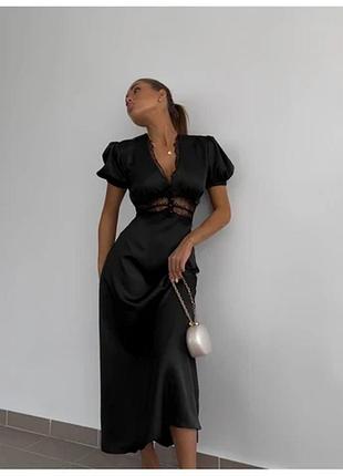 Сукня максі, тканина дабл шовк +мереживо. акцент на талії., модель 660, черный