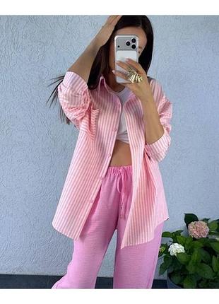 Сорочка оверсайз з легкого тоненького льону, застібається на ґудзики., модель 109, розовый