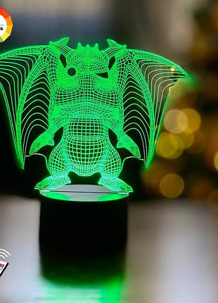 3d ночник "дракон 3" (увеличенное изображение) 16 цветов+пульт ду+сетевой адаптер + батарейки 3dtoyslamp
