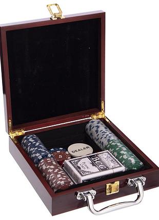 Набір для покеру в дерев'яному кейсі poker game set ig-6641 100 фішок