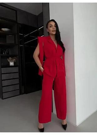 Трендовий костюм в фасоні oversize (жакет та штани палаццо), модель 483, червоний