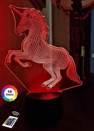 3d нічник "єдиноріг 3" (воліченне зображення) + пульт дк + мережевий адаптер + батарейки (3ааа) 3dtoyslamp