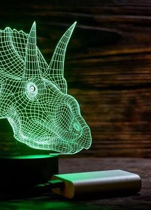 3d ночник "трицераптор" (увеличенное изображение) + пульт ду + сетевой адаптер+ батарейки (3ааа) 3dtoyslamp