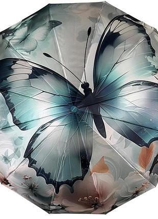 Жіноча парасоля автомат на 12+5+5 сегментних карбонових спиць із принтом від water town, бірюзова ручка, wt 0021-2