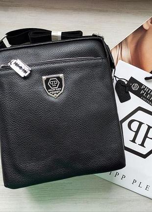 Стильна чоловіча шкіряна сумка-месенджер philipp plein black у фірмовому пакеті
