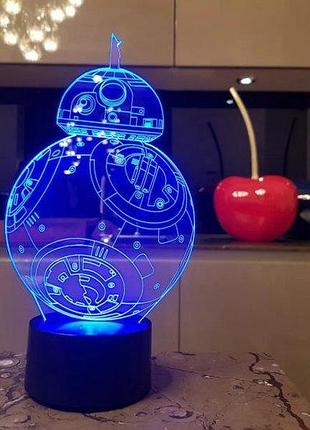 3d нічник "bb 8" (волічне зображення) + пульт дк + мережевий адаптер + батарейки (3ааа) 3dtoyslamp