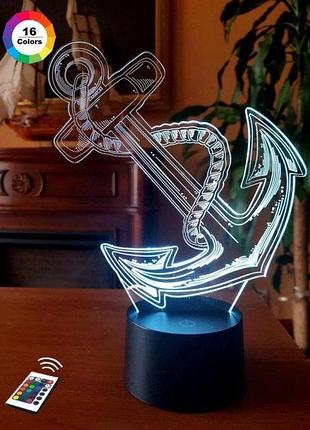 3d ночник "якорь" (увеличенное изображение) + пульт ду + сетевой адаптер + батарейки (3ааа) 3dtoyslamp