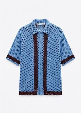 Мужская голубая с бордовым вязаная рубашка zara крючком / ажурная тенниска оверсайз