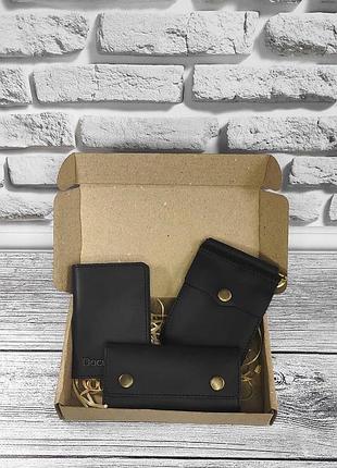 Подарунковий набір dnk leather №9 (затискач + обкладинка на права, id паспорт + ключниця) чорний