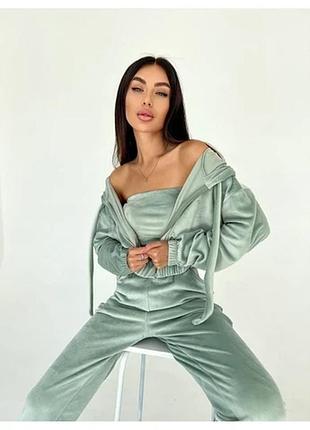 Велюровий костюм трійка. кофта+топ+штани., модель 1085, олива