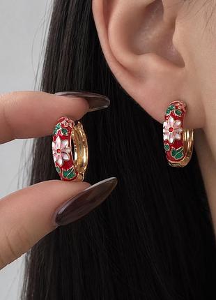 Сережки круглі колечка кільця товсті червоні з візерунком квітами квіточки рослини емаль типу вінтажні вінтаж ретро бохо золотисті застібка конго