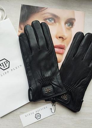 Мужские кожаные перчатки philipp plein подкладка махра black