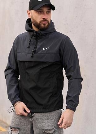 Мужской трендовый серо-чорний анорак nike с капюшоном и карманами, молодёжная ветровка без узоров и принтов для осени xl