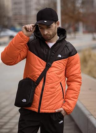 Стильная мужская утепленная куртка tnf оранжевого цвета на силиконе с капюшоном реглановыми рукавами и застежкой-молнией